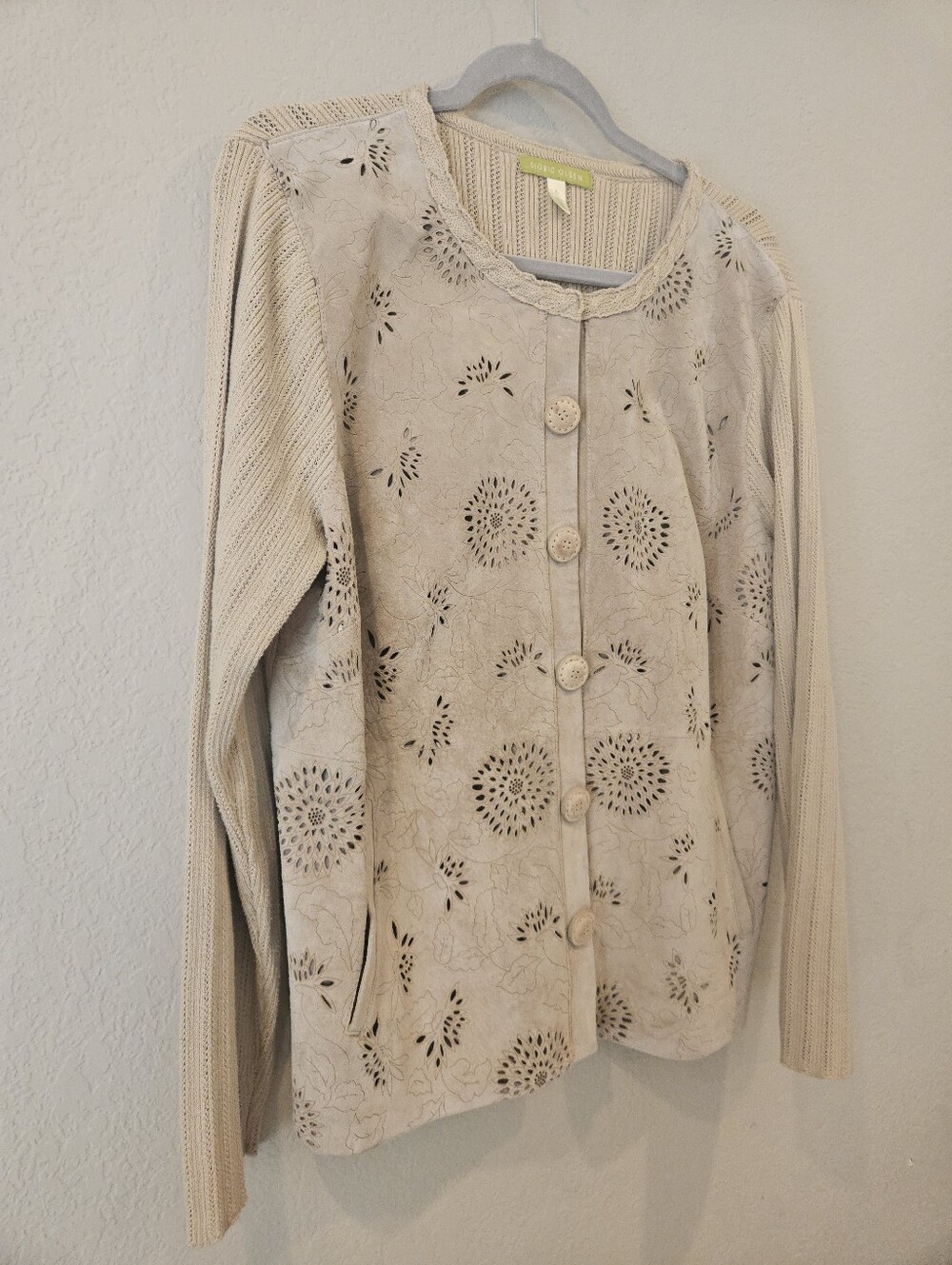Sigrid Olsen Genuine Embossed Leather Knit Jacket Quiet Luxury Coastal Chic XL.
